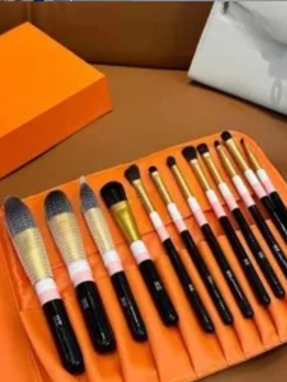 NIB Hermès Orange Leather Makeup Brush Set with Case GWP